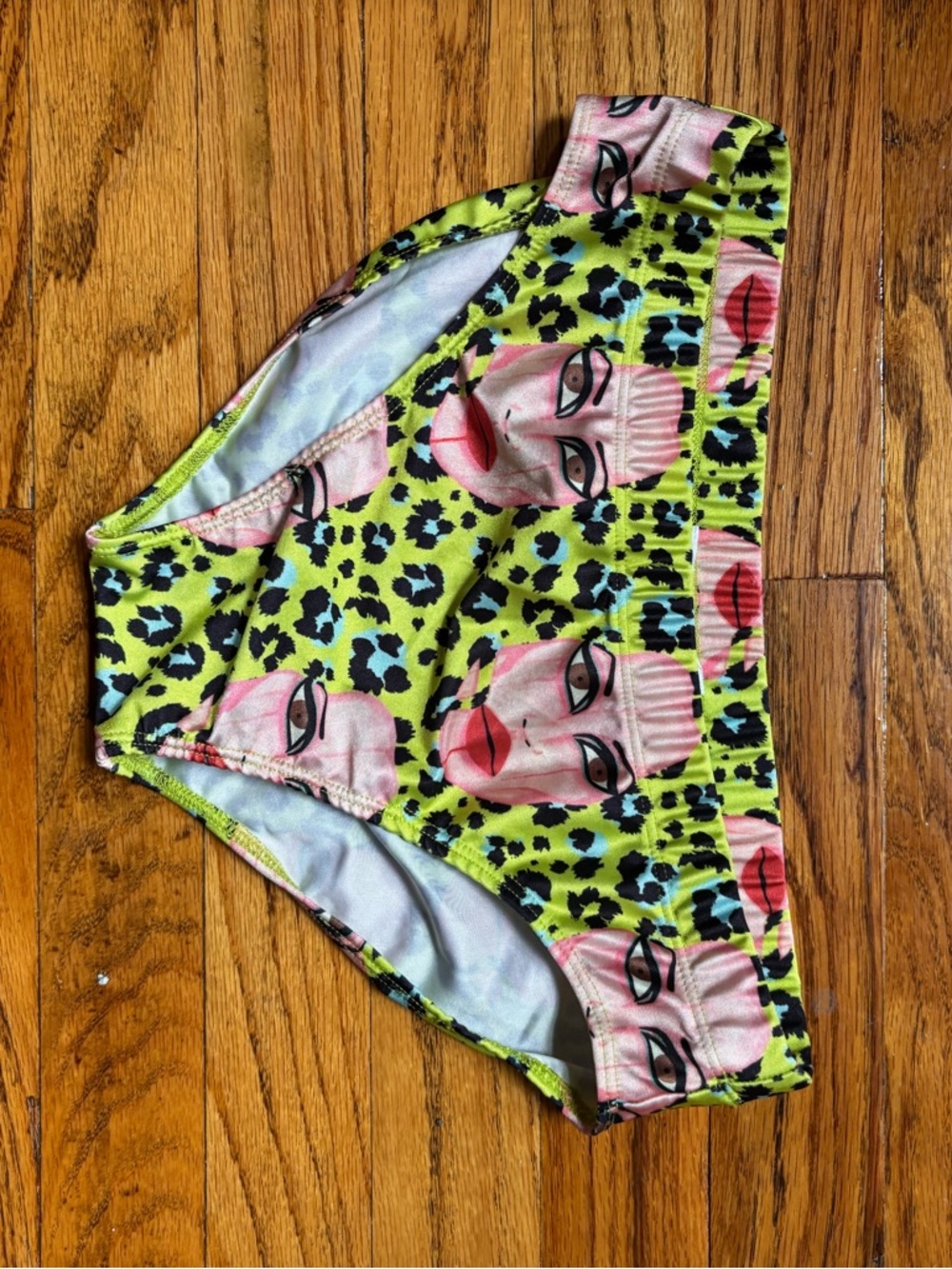 Neon Green Leopard Print Bikini Bottoms with Face Motif